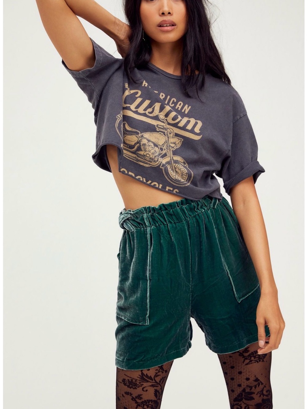 Free People Emerald Green Velvet Paperbag Waist Shorts